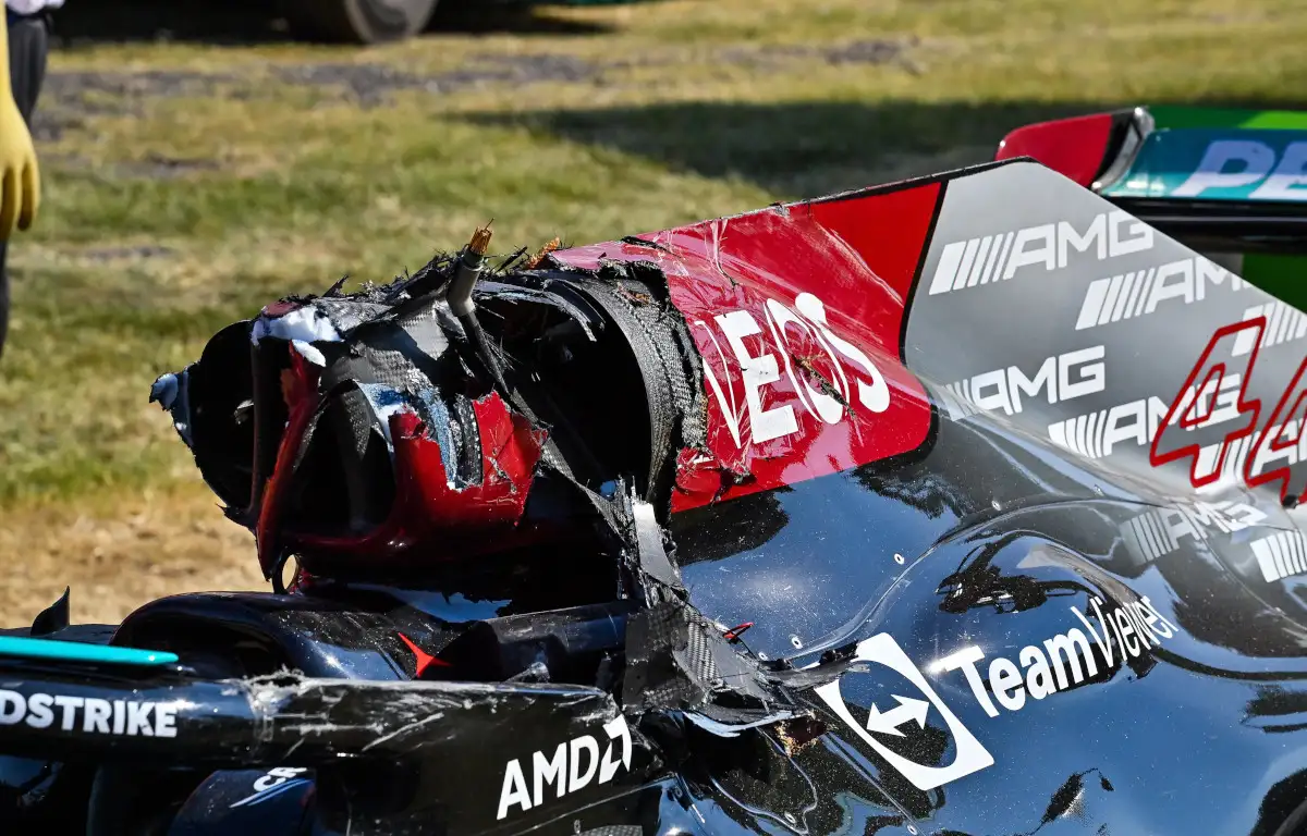Lewis Hamilton and damaged Halo and rollbar. Italy September 2021