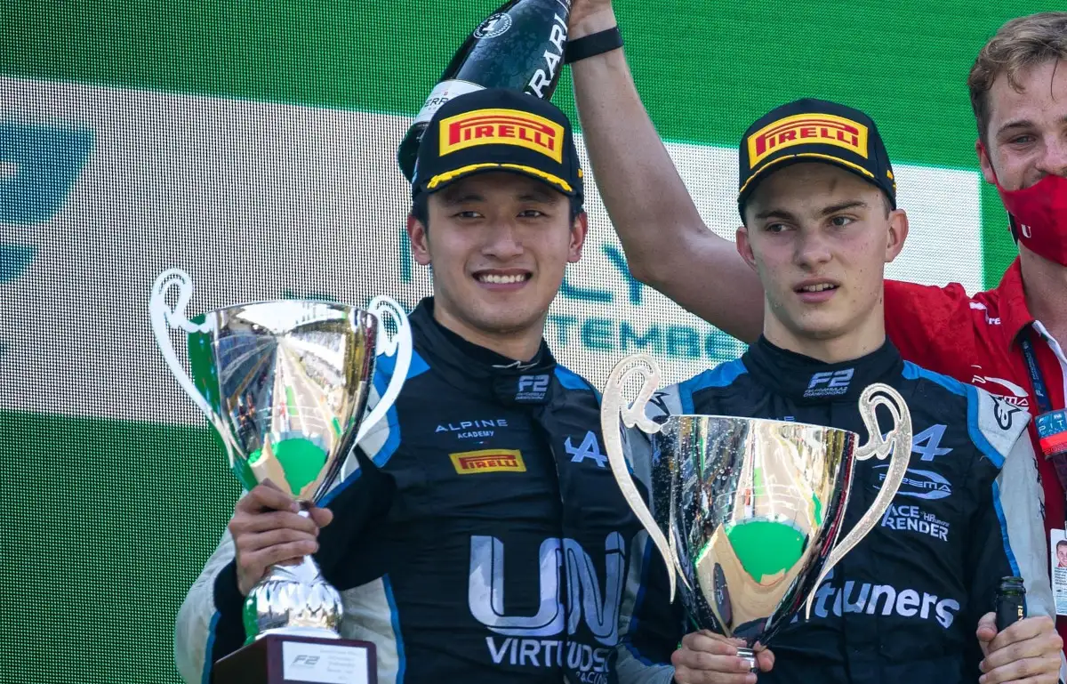 Alpine junior drivers Oscar Piastri and Guanyu Zhou Formula 2 podium. Italy September 2021