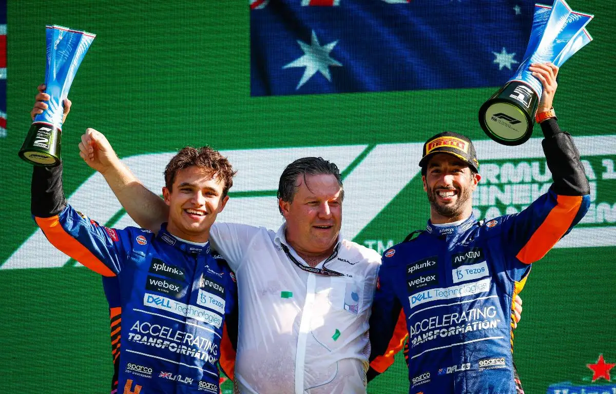 Lando Norris, Zak Brown and Daniel Ricciardo after the Italian GP. Monza September 2021.