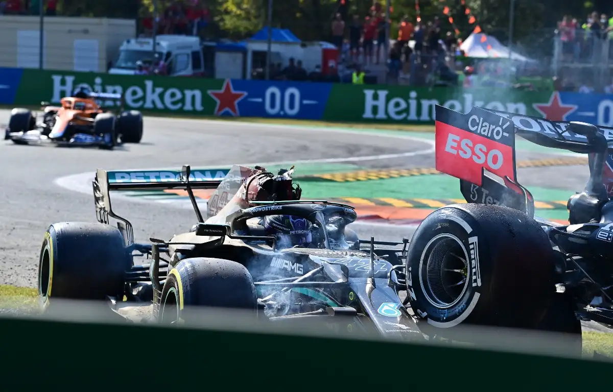 Lewis Hamilton's destroyed Mercedes following his crash with Max Verstappen at the Italian Grand Prix. Italy September 2021