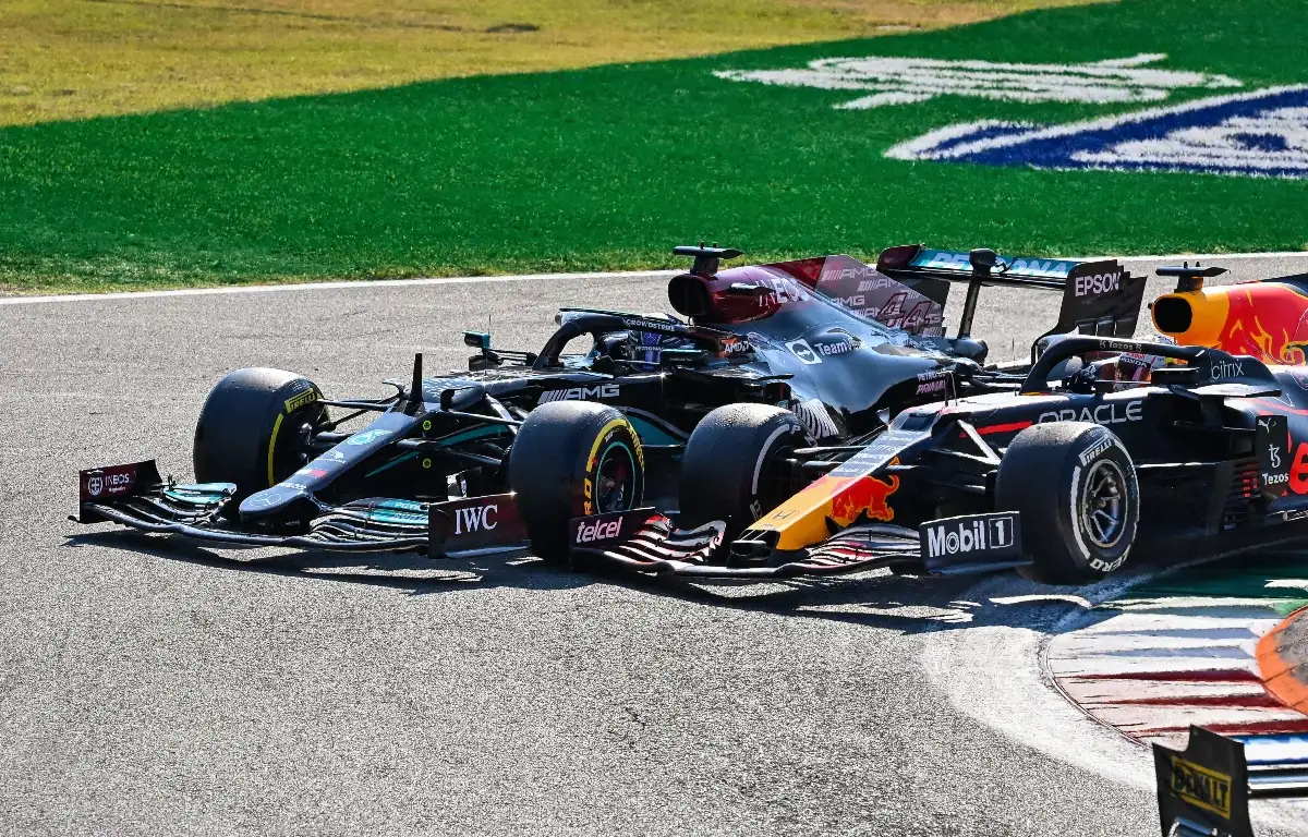 Lewis Hamilton and Max Verstappen go wheel to wheel. Italy September 2021