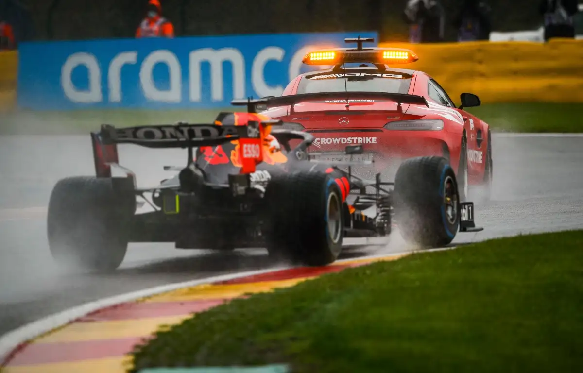 Max Verstappen follows the Safety Car. Belgium August 2021