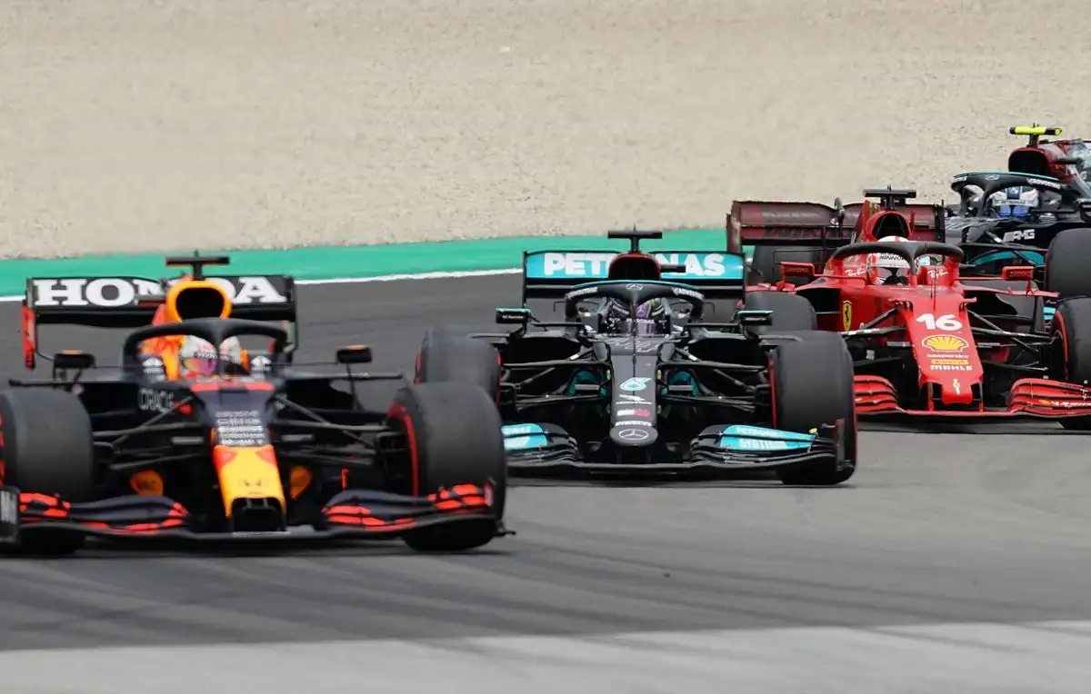 Max Verstappen Lewis Hamilton Charles Leclerc racing. Spain May 2021