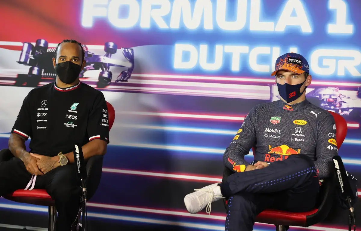 Lewis Hamilton and Max Verstappen speak to the media at the Dutch Grand Prix. Netherlands September 2021
