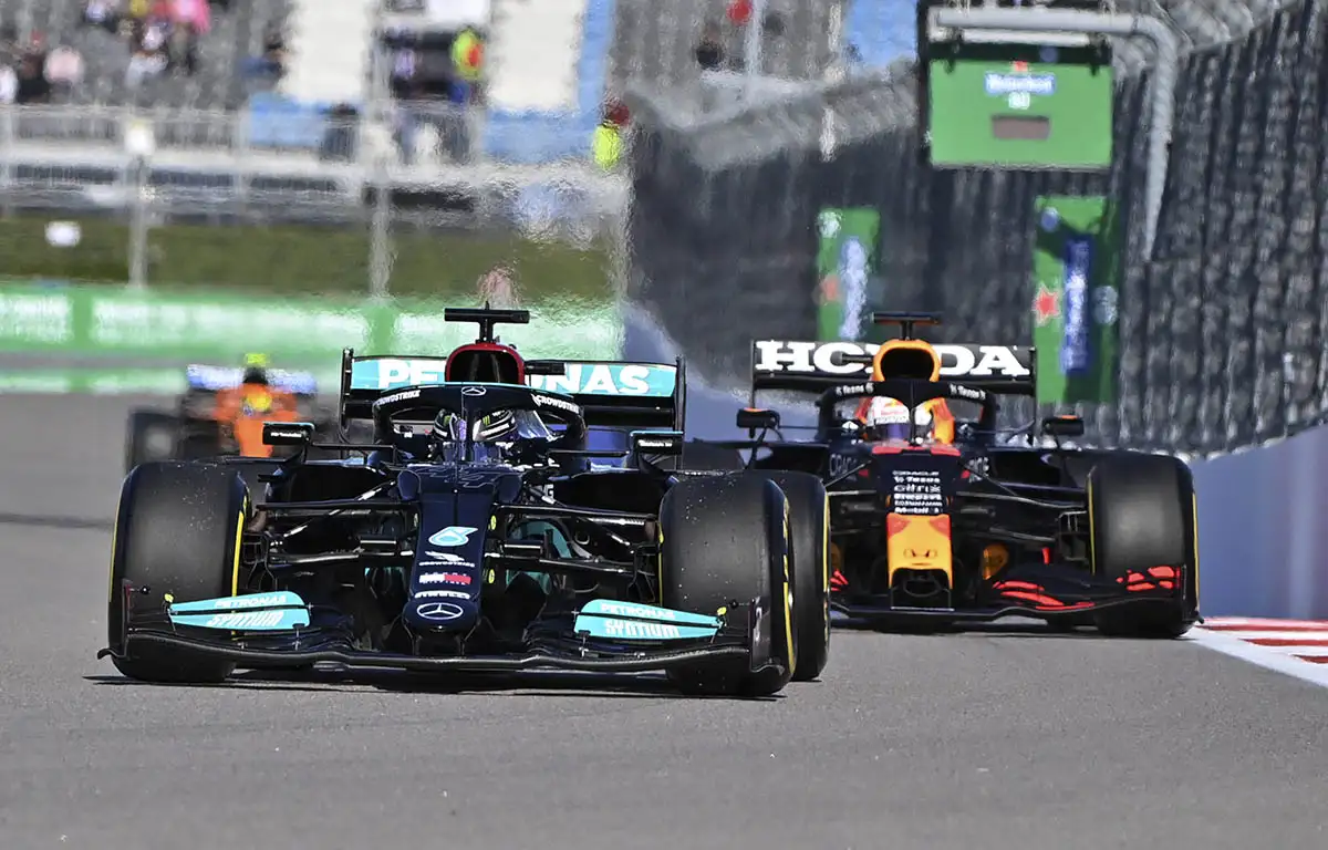 Mercedes of Lewis Hamilton and Red Bull of Max Verstappen at the Russian Grand Prix. Sochi September 2021