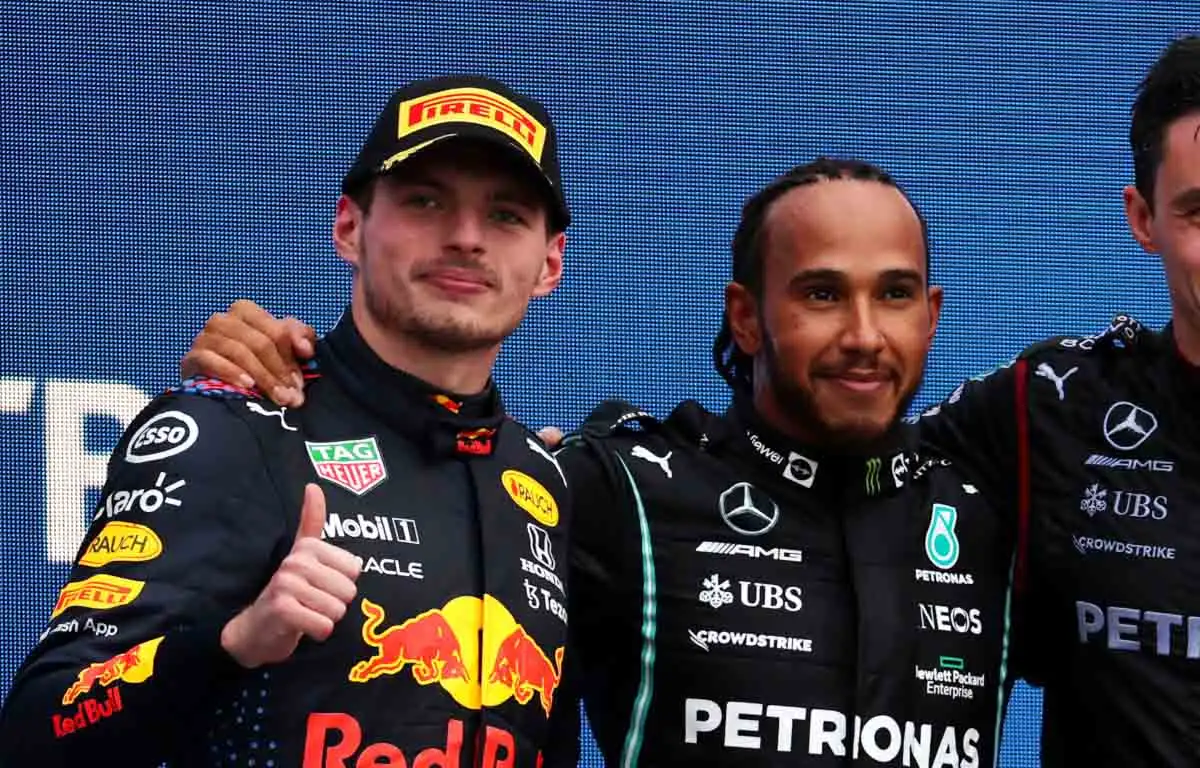 Max Verstappen and Lewis Hamilton on the podium at Sochi.