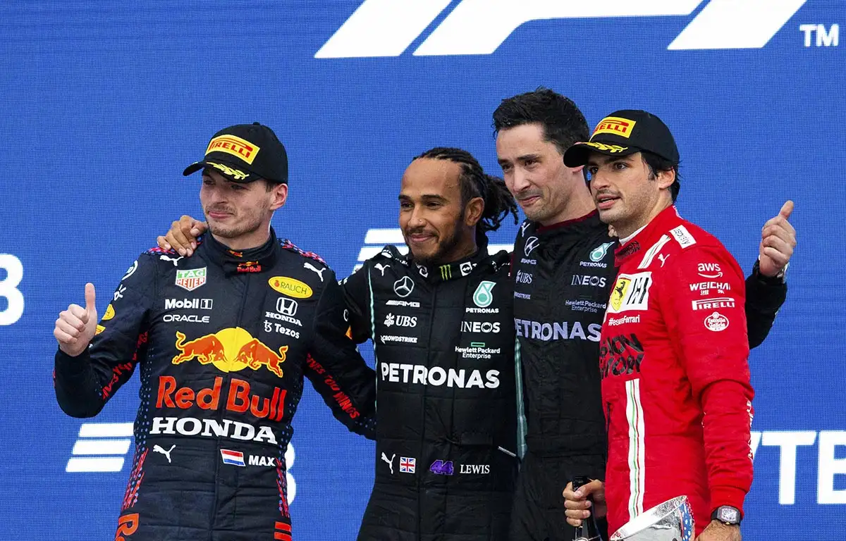Lewis Hamilton, Max Verstappen and Carlos Sainz on the podium after the Russian Grand Prix. Russia September 2021