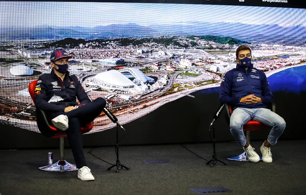 Max Verstappen and George Russell speak to the media. Russia September 2021