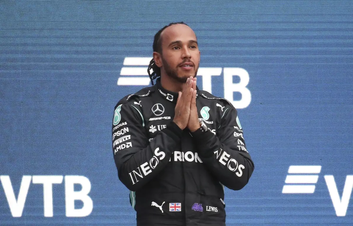 Lewis Hamilton on the podium in Sochi. Russia September 2021