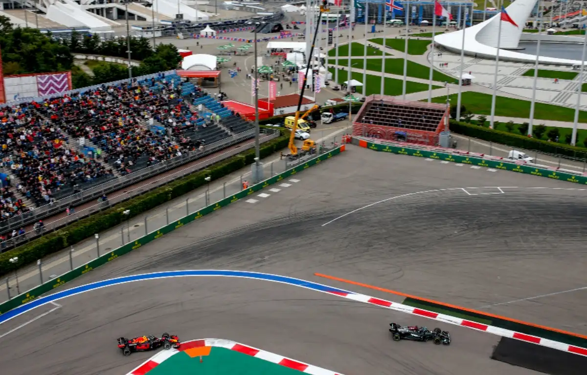 Sergio Perez and Lewis Hamilton racing at Sochi. Russia September 2021
