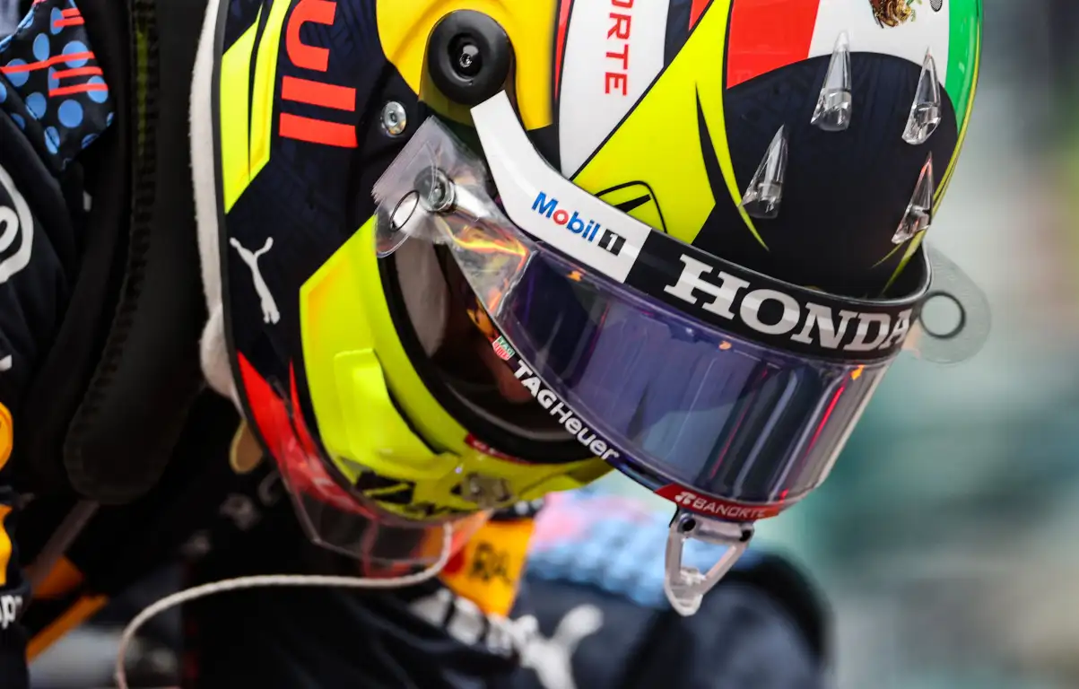 Sergio Perez head down in helmet. Russia September 2021