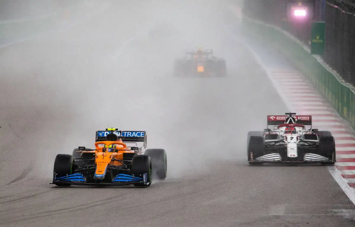 Lando Norris alongside Kimi Raikkonen during the Russian GP. Sochi September 2021.