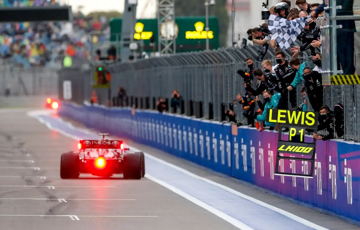 Lewis Hamilton crosses the line to win in Sochi. Russia September 2021