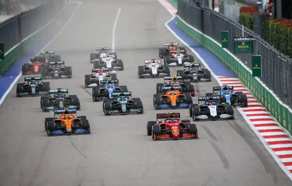 Carlos Sainz leads into the first corner of the 2021 Russian Grand Prix at Sochi. Sochi September 2021.
