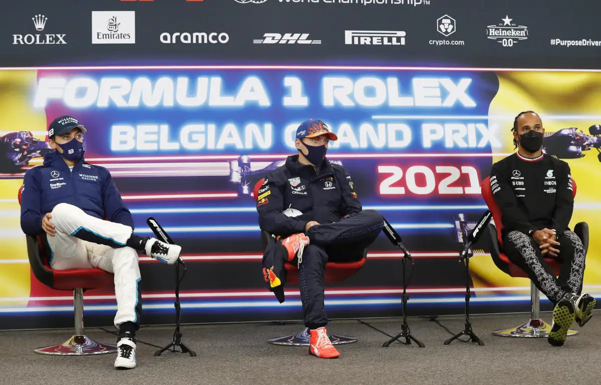 George Russell Max Verstappen Lewis Hamilton press conference. Belgium August 2021
