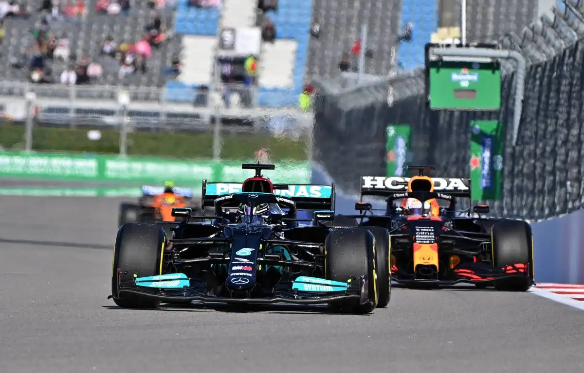 Mercedes driver Lewis Hamilton ahead of Max Verstappen in practice for the Russian GP. Sochi September 2021.