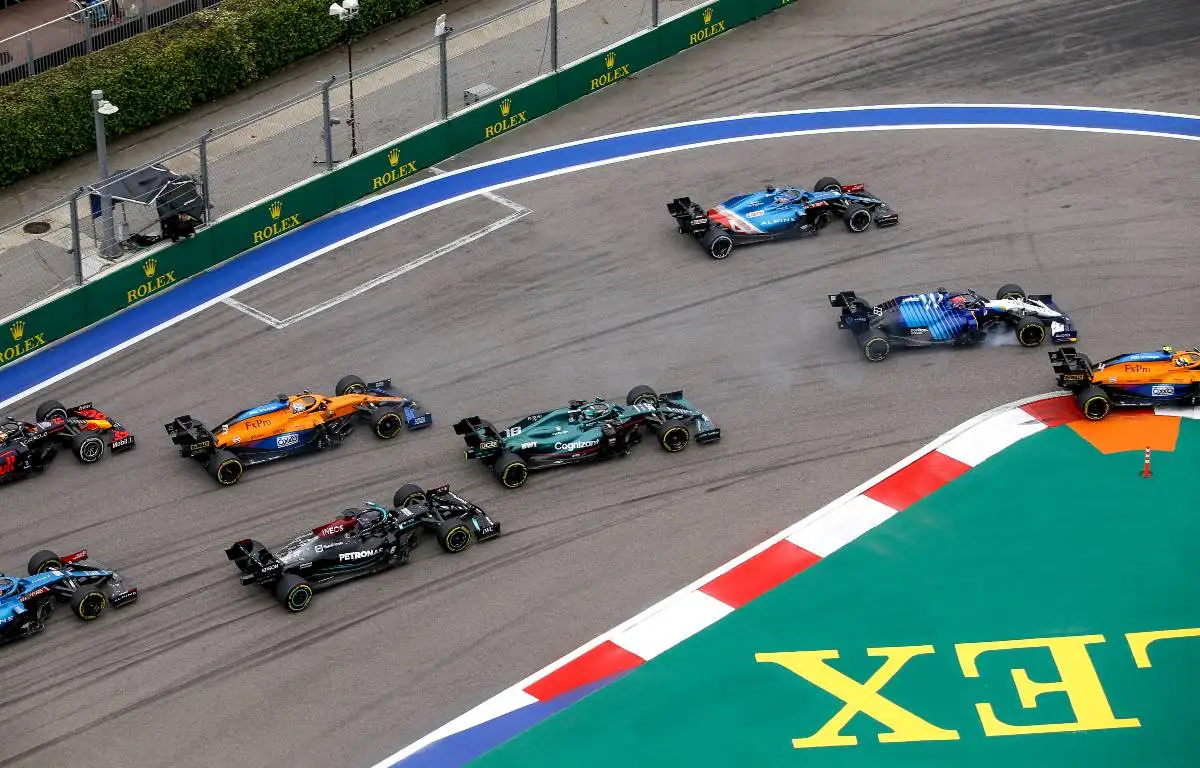 Cars enter the first braking zone of the Russian GP. Sochi September 2021.