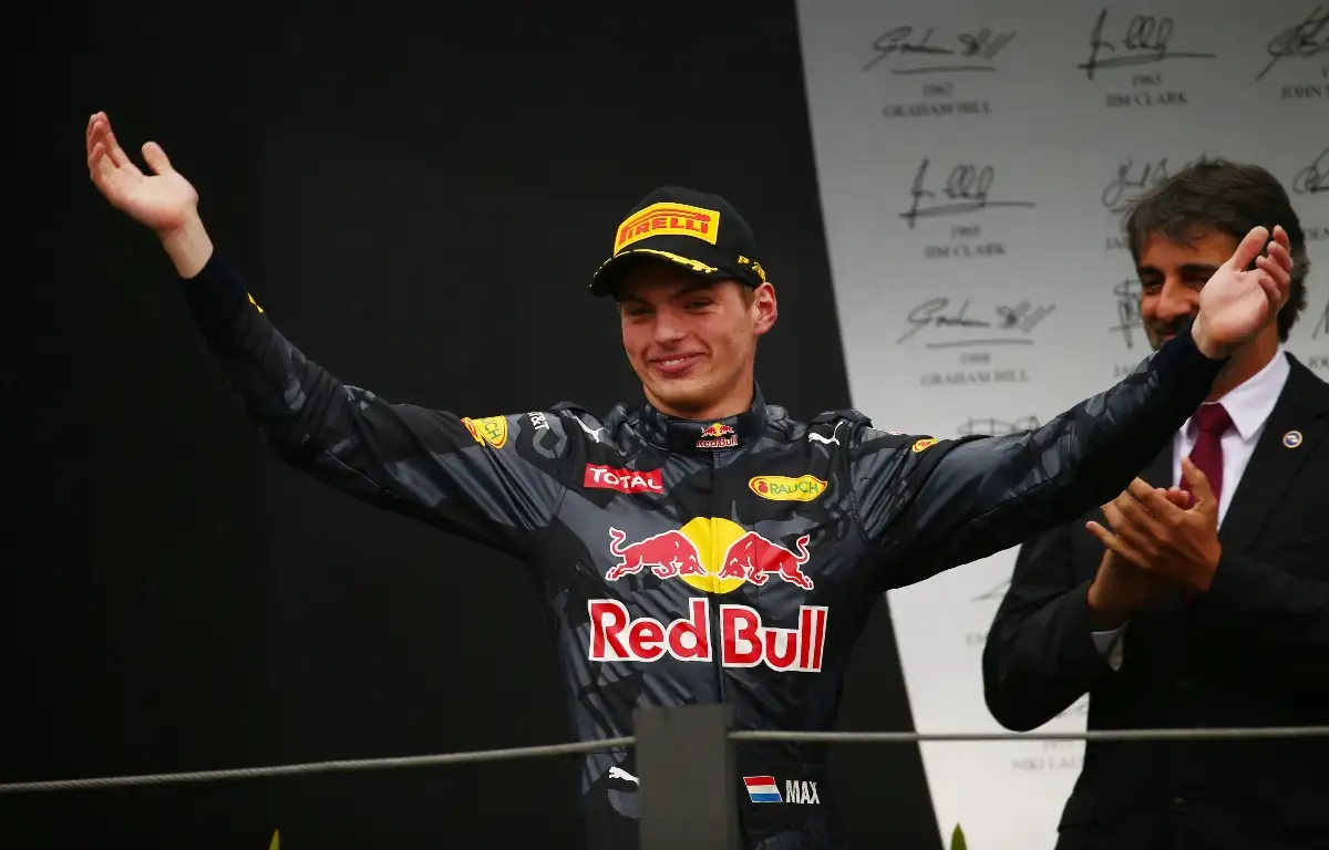 Max Verstappen on the podium at the Brazilian Grand Prix. Brazil November 2016
