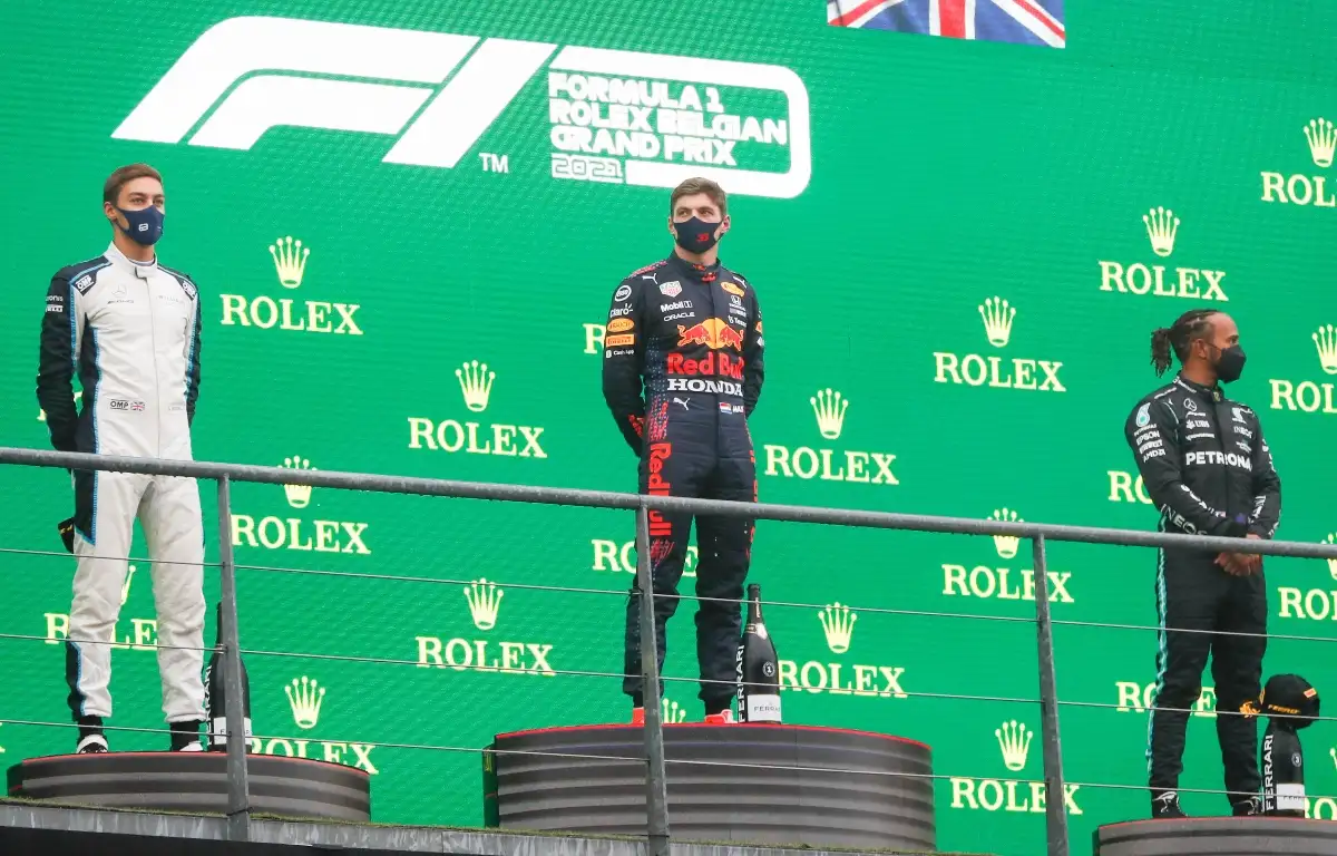 Max Verstappen, George Russell and Lewis Hamilton on the Spa podium. Belgium August 2021