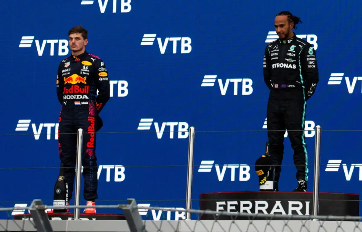 Max Verstappen and Lewis Hamilton on the podium at Sochi. Russia September 2021