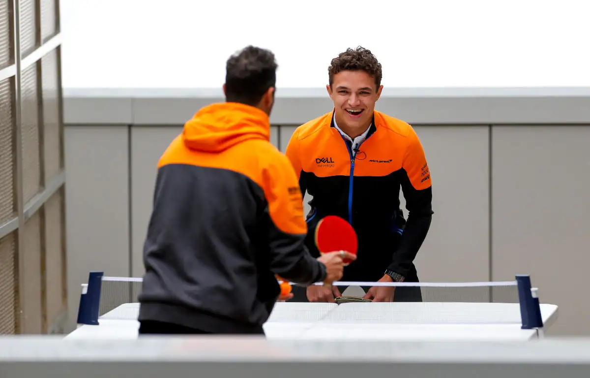 McLaren drivers Daniel Ricciardo and Lando Norris play table tennis.