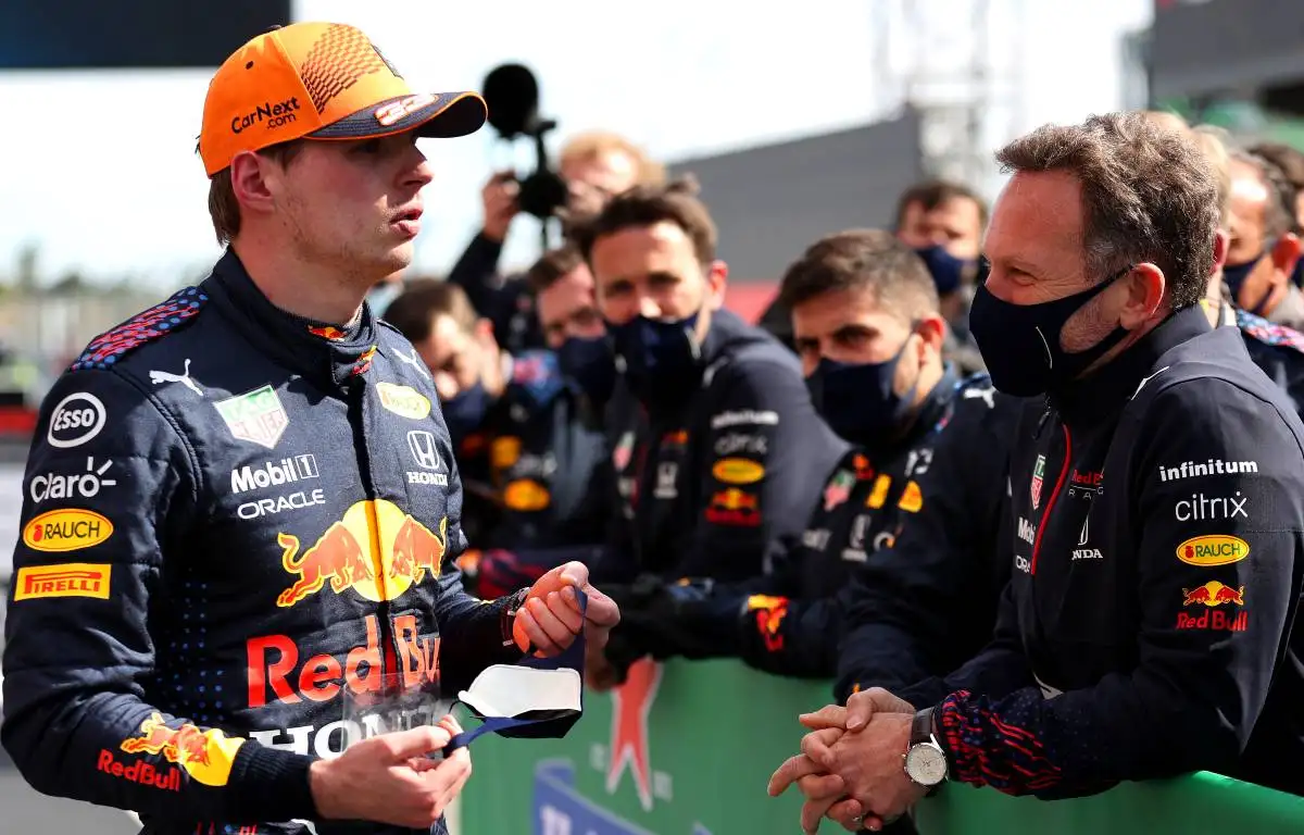 Christian Horner talks to Max Verstappen after the Portuguese GP. Portimao May 2021.
