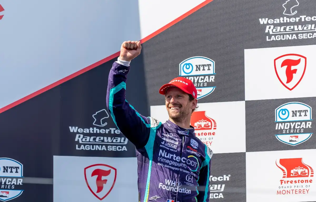 Romain Grosjean on the podium at Laguna Seca. USA September 2021