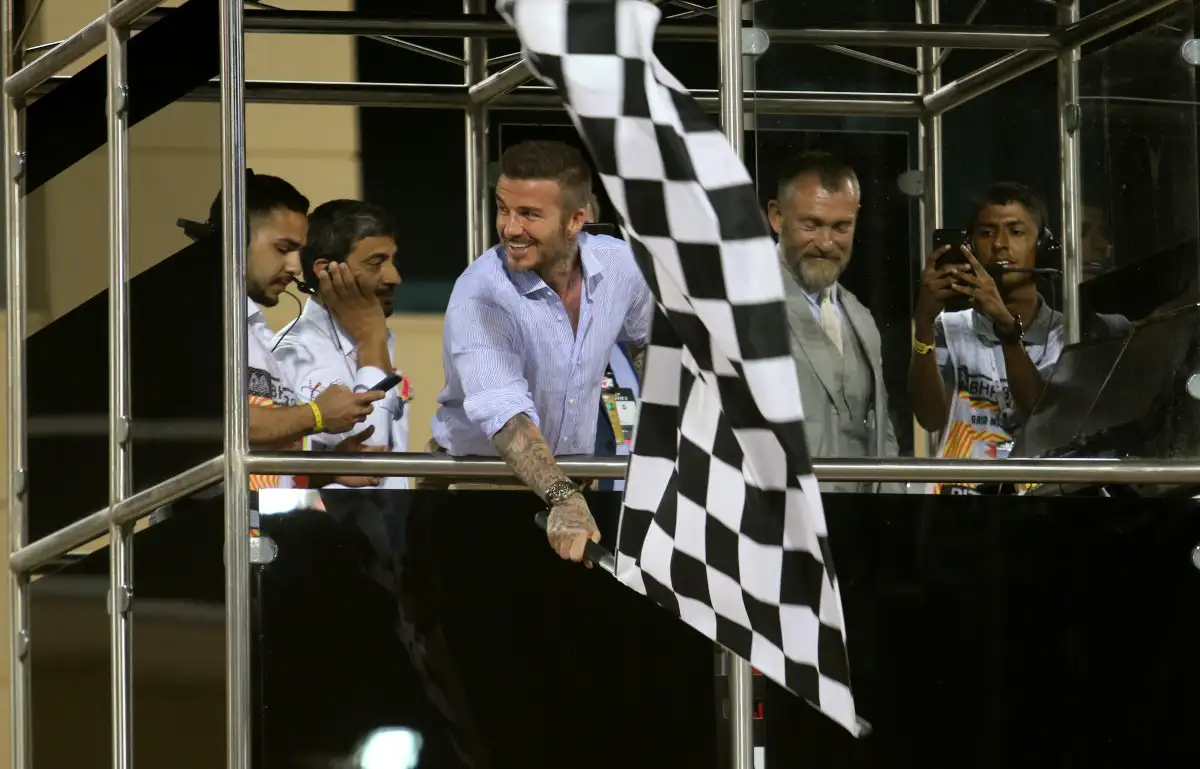 David Beckham waves the chequered flag. Bahrain March 2019