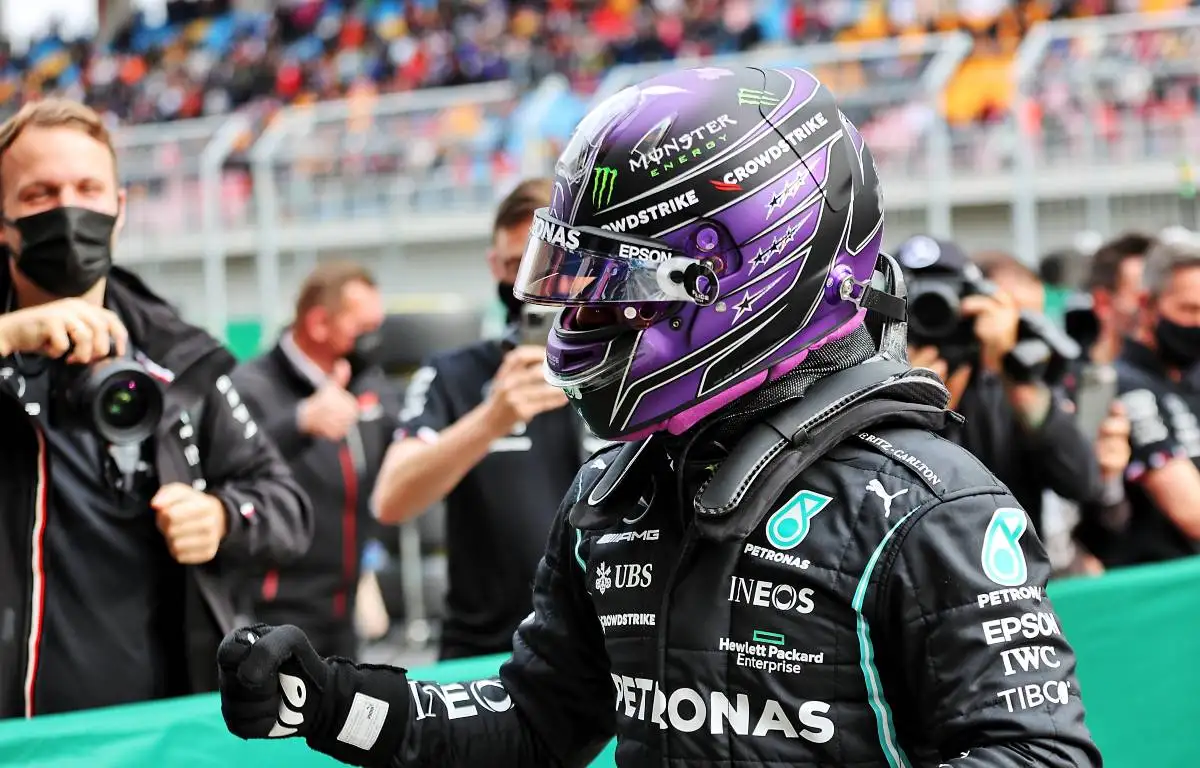 Lewis Hamilton, Mercedes, celebrates his fastest time of Turkey qualifying. October 2021.
