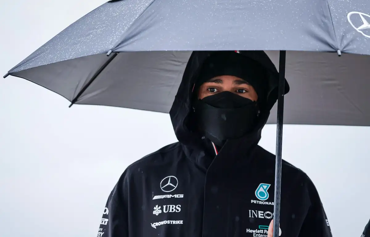 Lewis Hamilton, Mercedes, with an umbrella. Turkey, October 2021.