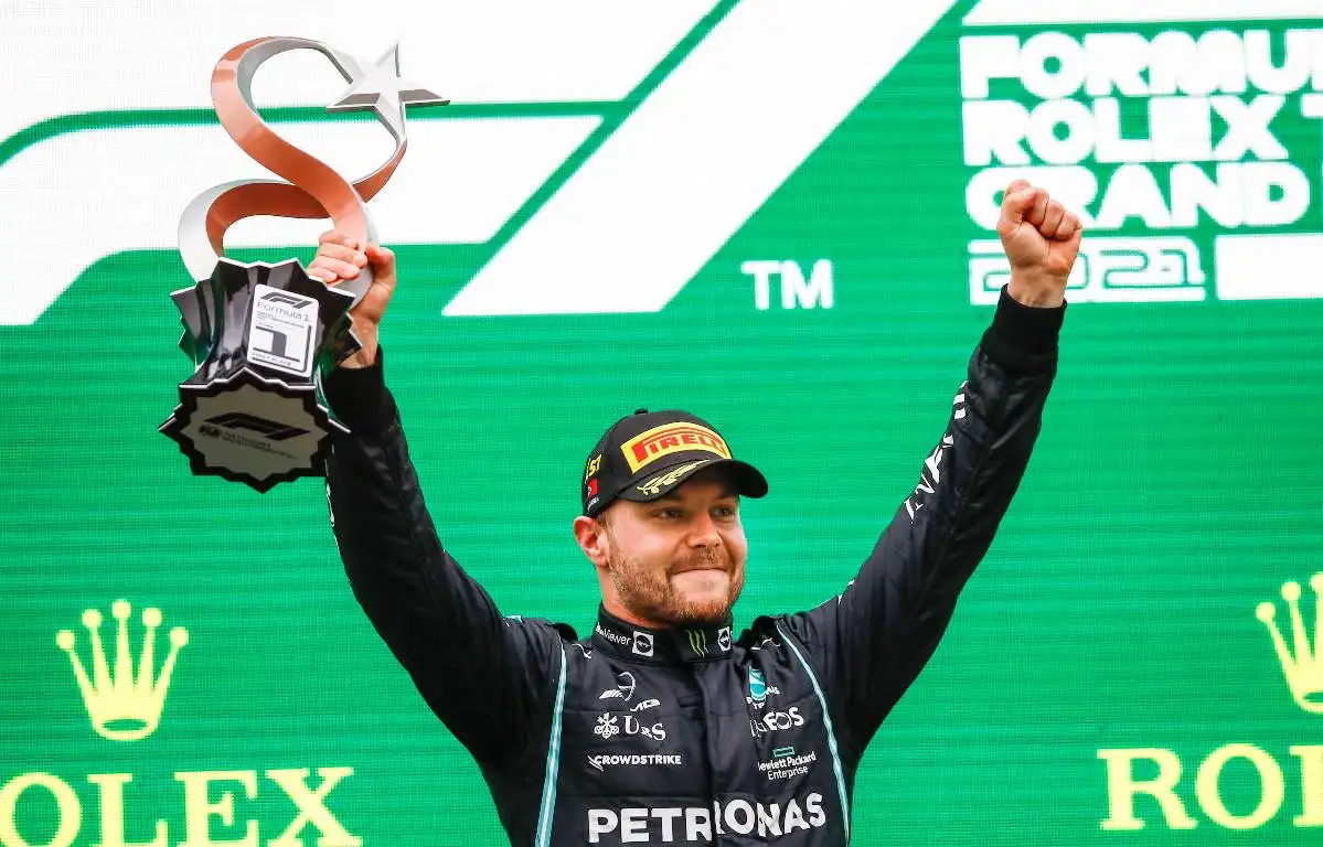 Valtteri Bottas celebrates his Turkish Grand Prix win. Istanbul October 2021.
