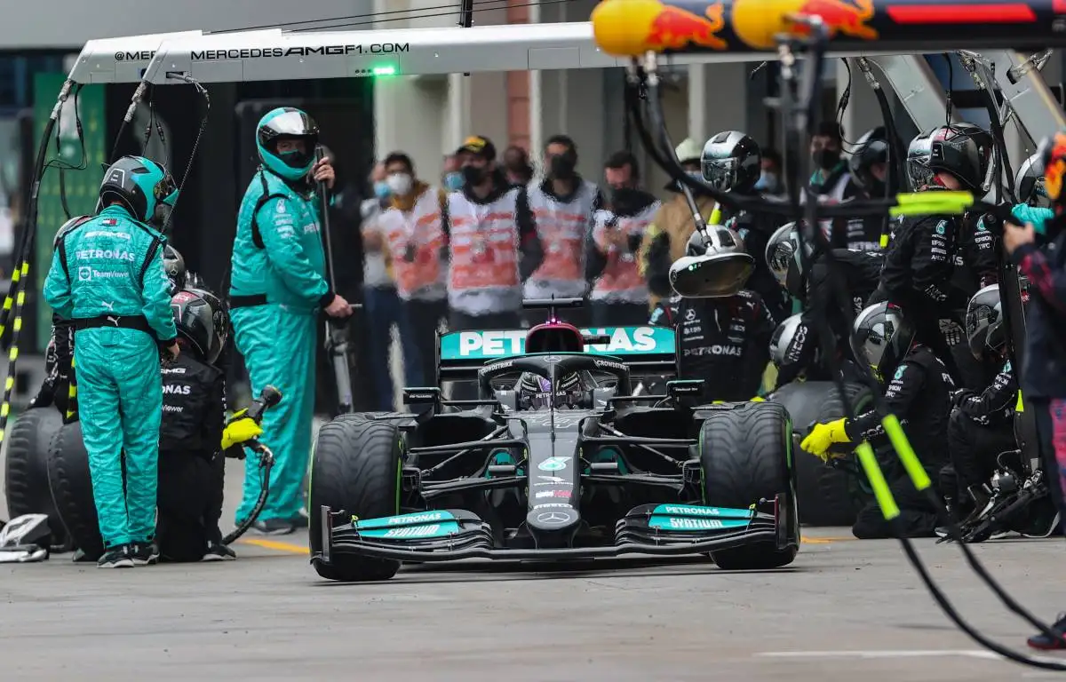Lewis Hamilton exits the pits during the Turkish Grand Prix. Istanbul October 2021.