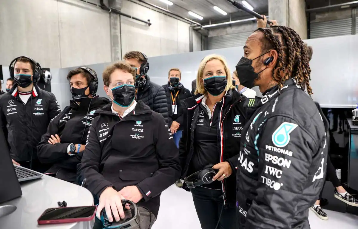 Lewis Hamilton in a Mercedes garage briefing. Spa August 2021.