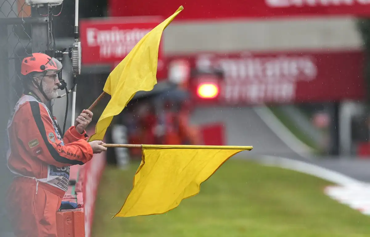 Double waved yellows to warn of a hazard. Formula 1 in Italy, September 2019.