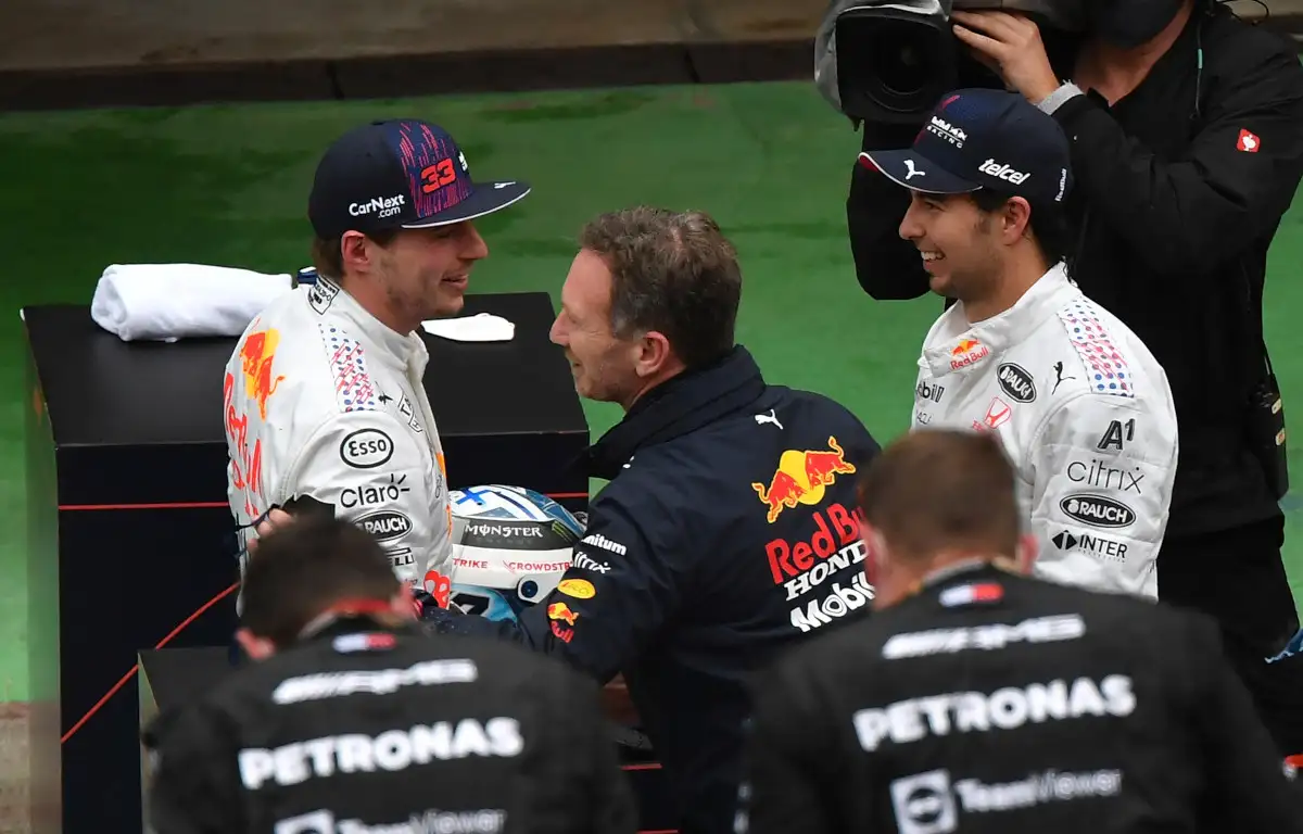 Christian Horner with Max Verstappen and Sergio Perez. Turkey October 2021