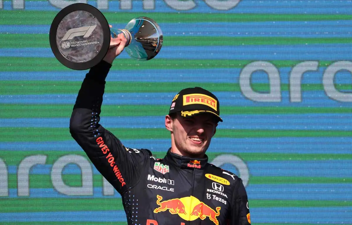 Max Verstappen on the podium at the United States GP. Austin October 2021.