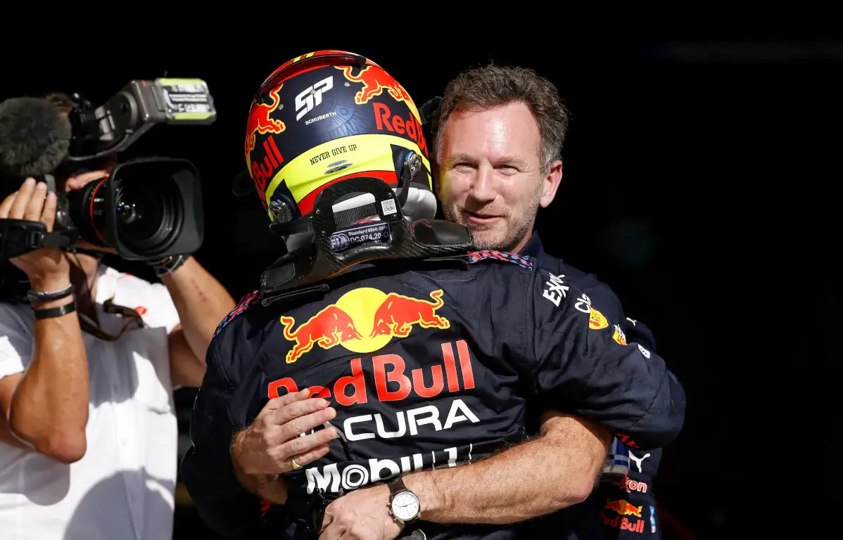 Christian Horner hugs Sergio Perez. Austin October 2021