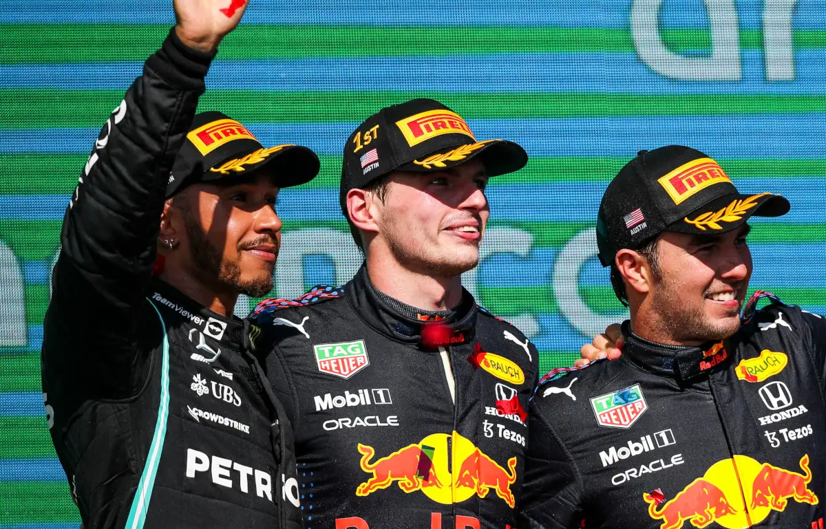 Max Verstappen, Lewis Hamilton and Sergio Perez on the podium. Austin October 2021
