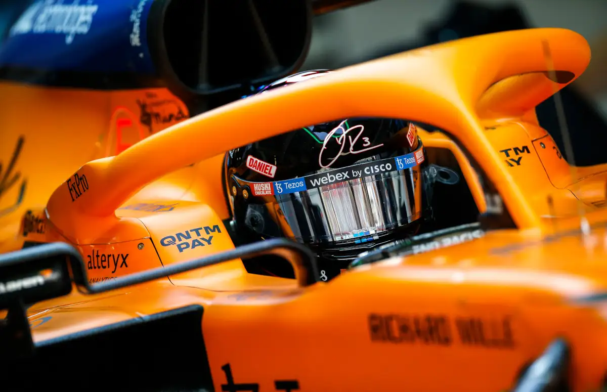 McLaren driver Daniel Ricciardo up close with US helmet. Austin October 2021