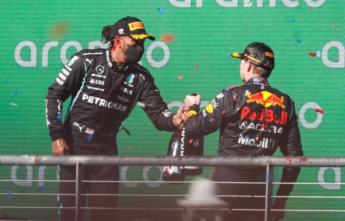 Lewis Hamilton and Max Verstappen on the podium. United States GP October 2021.