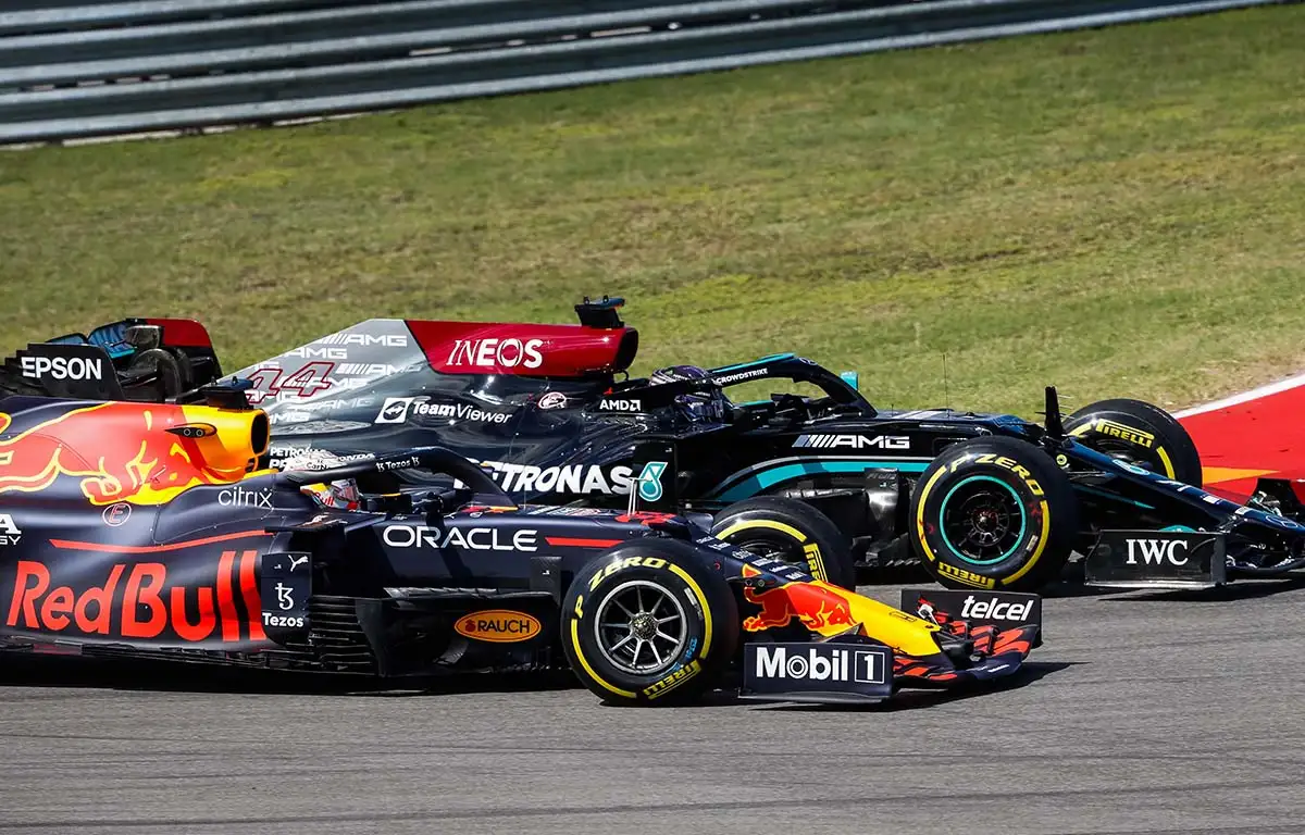 Red Bull and Mercedes cars side by side. October Austin 2021