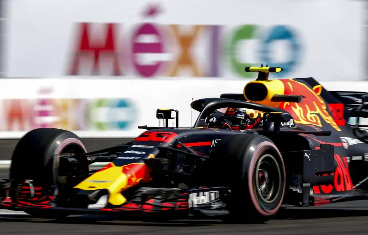 Max Verstappen's Red Bull in front of Mexican branding. Mexico City October 2018.
