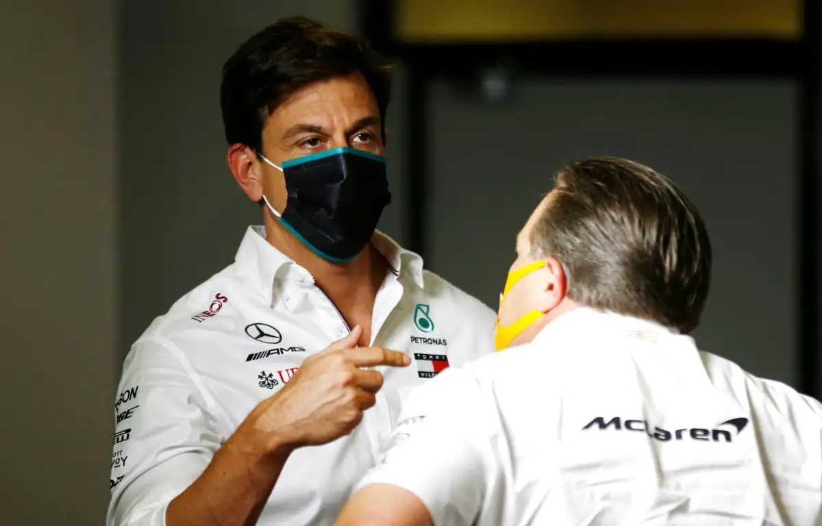 Toto Wolff gestures to Zak Brown. Spain August 2020