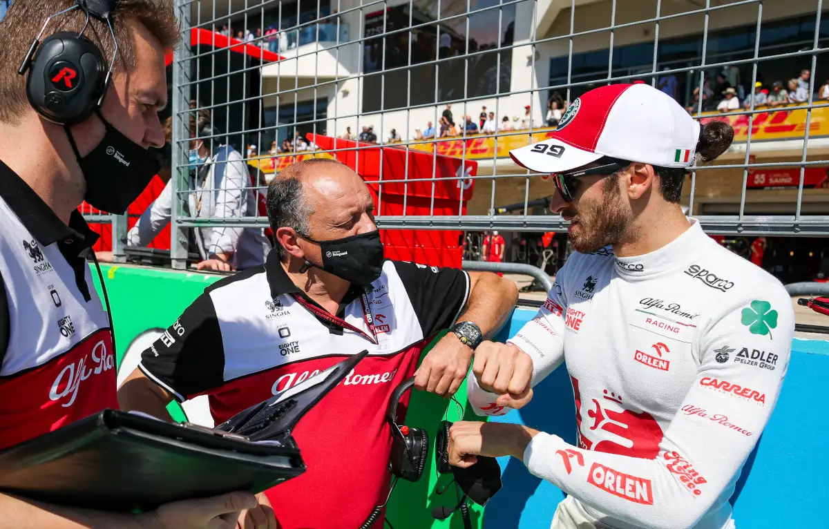 Antonio Giovinazzi speaks with Alfa Romeo team boss Fred Vasseur. Austin October 2021