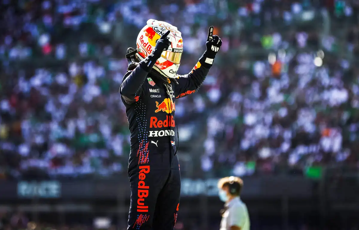 Max Verstappen celebrates victory. Mexican Grand Prix November 2021.
