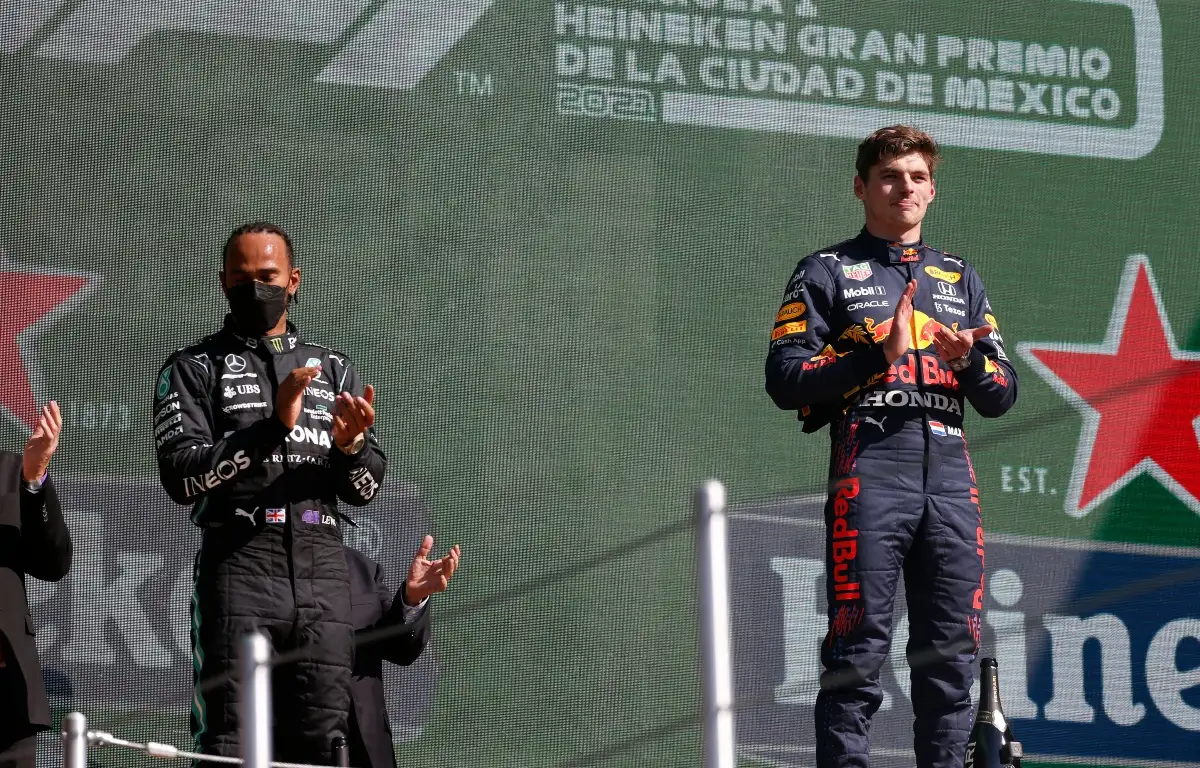 Lewis Hamilton and Max Verstappen on the podium. Mexico November 2021