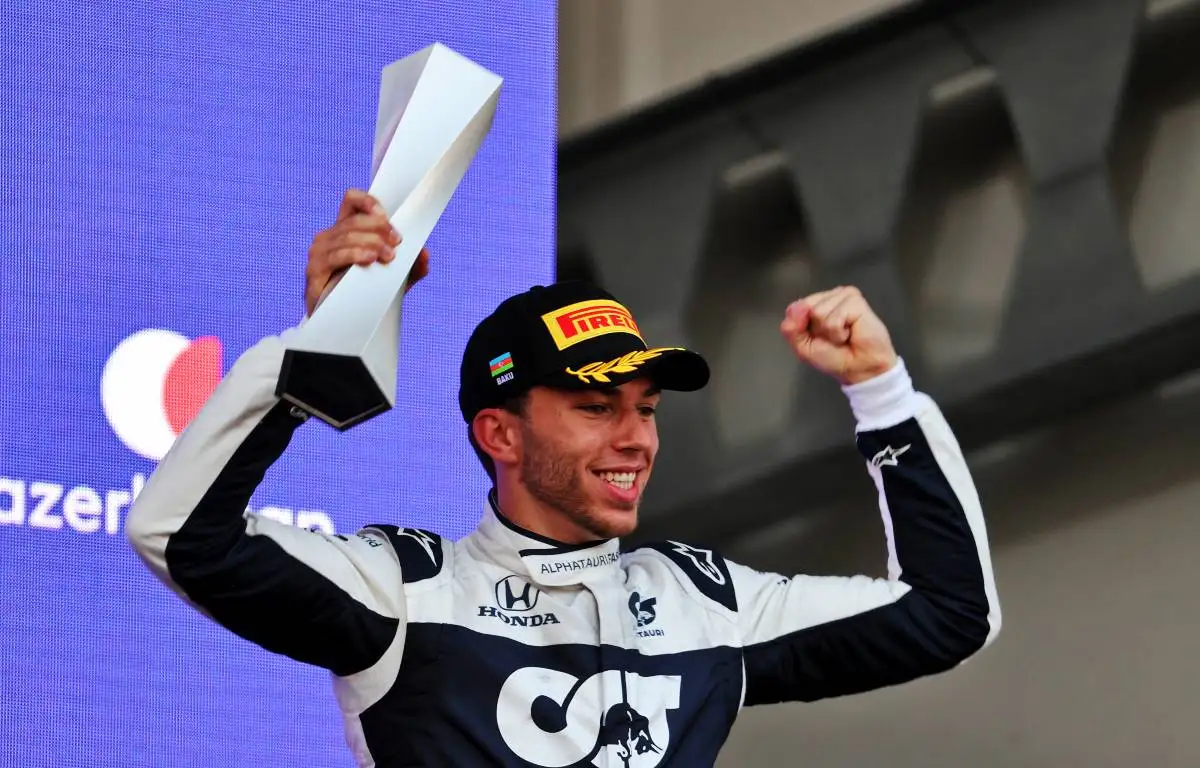 Pierre Gasly celebrates after finishing third in the Azerbaijan GP. Baku June 2021.