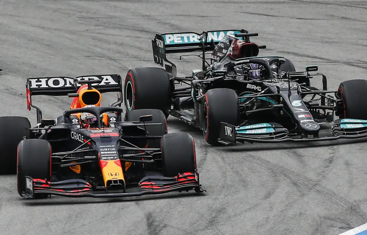 Max Verstappen racing against Lewis Hamilton. Spain May 2021