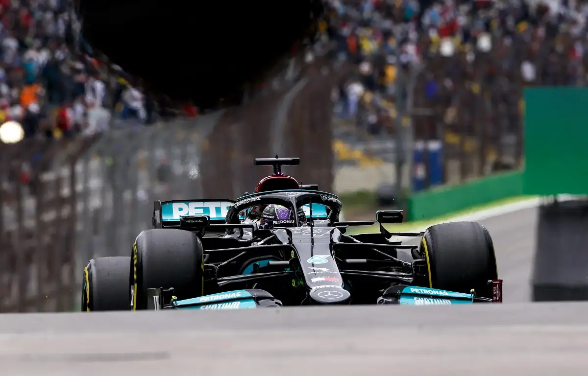 Lewis Hamilton, Mercedes, comes over the hill. Brazil. November 2021.