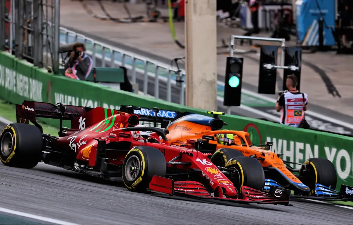 Lando Norris, McLaren and Charles Leclerc, Ferrari, side-by-side. Brazil, November 2021.